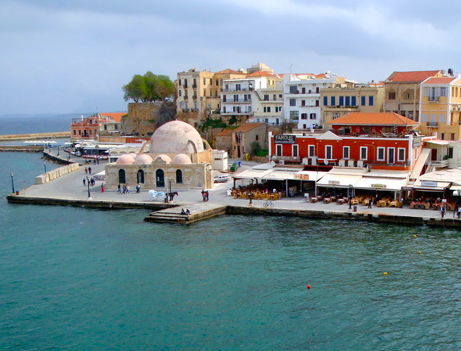 Chania harbor looking east to the mosque and kasteli