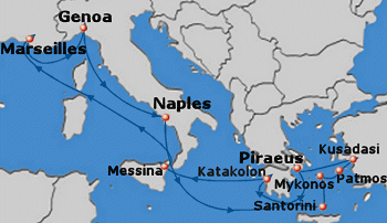 Map of the 10-day Greece, Turkey, Italy & France cruise: round trip from Pireaus to Kusadasi, Patmos, Mykonos, Santorini, Olympia, Messina, Marseilles, Genoa & Naples
