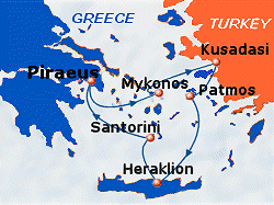 Map of 3-day Greek Islands & Turkey cruise: round trip from Piraeus to Mykonos, Kusadasi, Patmos, Heraklion and Santorini