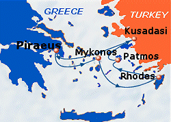 Map of 3-day cruise: round trip from Athens (Piraeus) to Mykonos, Rhodes, Patmos and Kusadasi