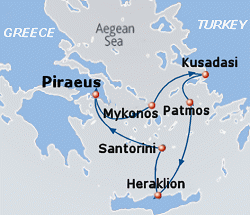 Map of the 3-day Aegean Discovery cruise: round trip from Athens (Piraeus) to Mykonos, Kusadasi, Patmos, Heraklion and Santorini