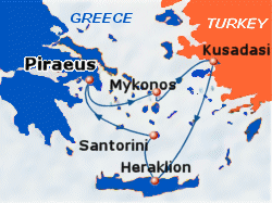 Map of 3-day Greek Islands & Turkey cruise in summer: round trip from Piraeus to Mykonos, Kusadasi, Heraklion and Santorini