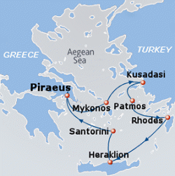 Map of 4-day Aegean Classic cruise: round trip from Athens (Piraeus) to Mykonos, Kusadasi, Patmos, Rhodes, Heraklion and Santorini