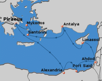 Map of the 7-day cruise to 5 countries and 3 continents