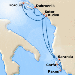 Map of 7-day Adriatic Odyssey cruise: round trip from Corfu (Greece) to Saranda (Albania), Kotor & Bar (Montenegro), Dubrovnik & Korcula (Croatia) and Paxos (Greece)