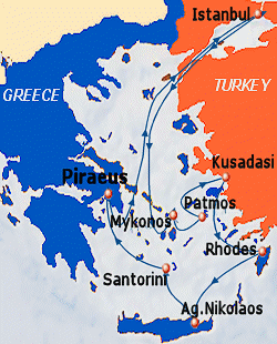 Map of 7-day Greek Islands & Turkey cruise: round trip from Athens (Piraeus) to Istanbul, Mykonos, Patmos, Kusadasi, Rhodes, St. Nicholas and Santorini