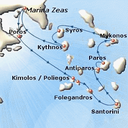 Map of 7-day Jewels og the Cyclades cruise: round trip from Piraeus to the Greek islands of Poros, Poliegos, Folegandros, Santorini, Antiparos, Paros, Mykonos, Syros and Kythnos