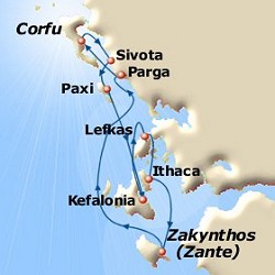 Map of 7-day Ionian Odyssey cruise: round trip from Corfu to Sivota, Paxos, Antipaxos, Lefkas, Kefalonia, Ithaca, Zante and Parga