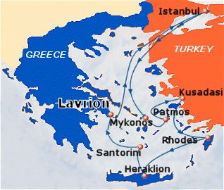 Map of 7-day cruise to Greece (Lavrion, Patmos, Crete, Santorini, Mykonos) & Turkey (Istanbul, Kusadasi)