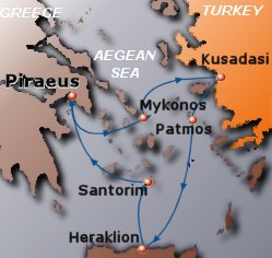 Map of 3-day Golden Splendour cruise: round trip from Athens (Piraeus) to Mykonos, Kusadasi, Patmos, Heraklion and Santorini