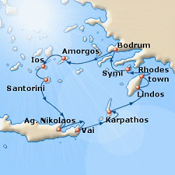 Map of 7-day Dodecanese Mosaic cruise: round trip from Agios Nikolaos (Crete) to the Greek islands of Karpathos, Rhodes, Symi, Amorgos, Ios, Santorini and Bodrum in Turkey