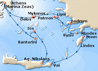 Map of the Colours of the Aegean small ship cruise, round trip from Athens to Mykonos, Lipsi, Samos, Kusadasi, Patmos, Bodrum, Symi, Rhodes, Crete, Santorini