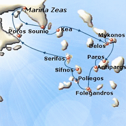 Map of 7-day Share a Sail cruise: round trip from Piraeus to Kea, Mykonos, Paros, Antiparos, Folegandros, Poliegos, Sifnos, Serifos and Poros