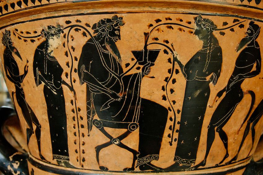  Dionysus and members of his thiasos on an Attic black-figure krater-psykter (525500 BCE, Louvre Museum)