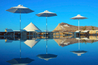 Monastery view from the pool of the Mar Inn Hotel, Chora, Folegandros