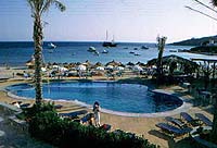 The pool and view from the Mykonos Palace Hotel, Mykonos