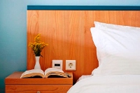 A bedroom detail at the Aegean Plaza Hotel, Kamari, Santorini