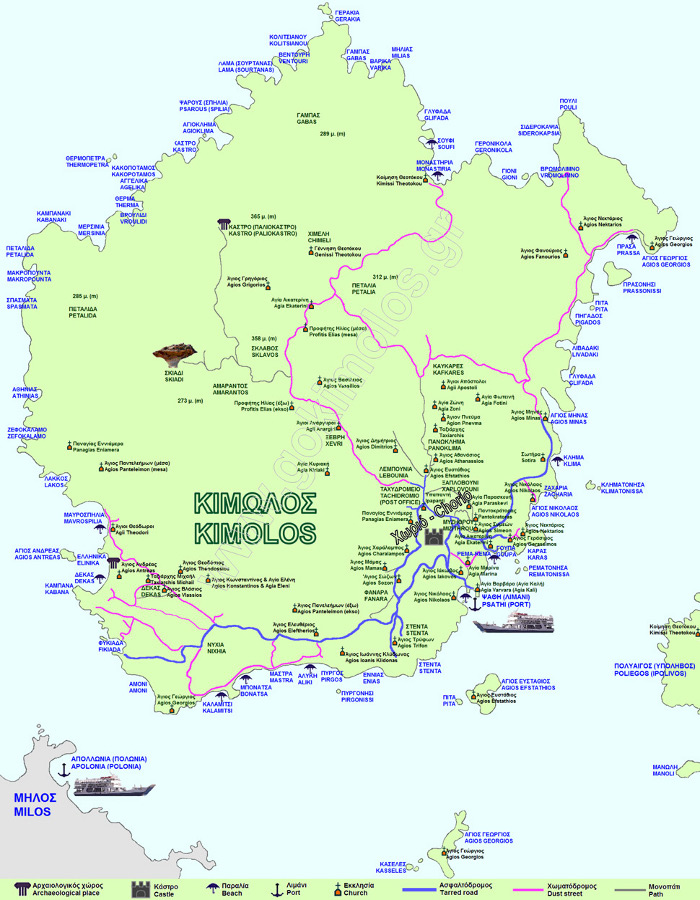 A map of Kimolos Island, Cyclades, Greece