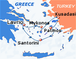 Map of 3-day Greek Islands & Turkey cruise: winter itinerary round trip from Lavrion to Mykonos, Kusadasi, Patmos and Santorini