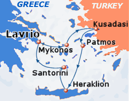 Map of 3-day Greek Islands & Turkey cruise: round trip from Lavrion to Mykonos, Kusadasi, Patmos, Heraklion and Santorini