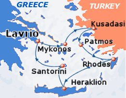 Map of 4-day Greek Islands & Turkey cruise: round trip from Athens (Lavrion) to Mykonos, Kusadasi, Patmos, Rhodes, Heraklion and Santorini