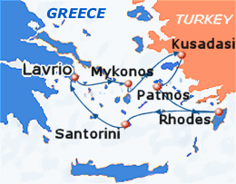 Map of 4-day Greek Islands & Turkey cruise winter itinerary: round trip from Athens (Lavrion) to Syros, Kusadasi, Rhodes and Santorini