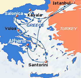 Map of 7-day cruise, round trip from Piraeus port of Athens to Istanbul, Canakkale, Thessaloniki, Volos and Santorini.