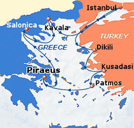 Map of 7-day cruise, round trip from Piraeus (Athens) to Istanbul, Canakkale, Thessaloniki, Volos and Santorini.