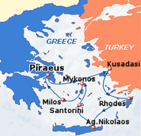 Map of 7-day cruise, round trip from Piraeus (Athens) to Rhodes, Crete, Santorini, Milos (Melos), Mykonos and Kusadasi.