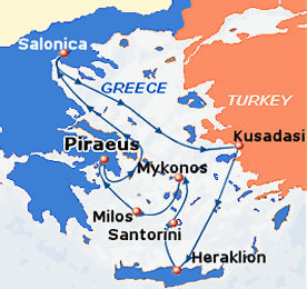 Map of 7-day cruise, round trip from Piraeus (Athens) to Rhodes, Crete, Santorini, Milos (Melos), Mykonos and Kusadasi.