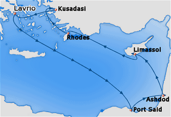 Map of the 7-day cruise to Greece, Turkey, Egypt, Israel and Cyprus
