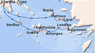 Map of 7-day Unexplored Greek Islands cruise: round trip from Athens to Ikaria, Patmos, lipsi, Kalymnos, Levitha, Amorgos, Koufonisia, Iraklia and Serifos