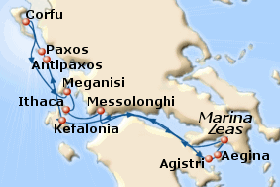 Map of 7-day Ionian Odyssey cruise: round trip from Piraeus to the Greek islands of Kefalonia, Paxi, Corfu, Meganissi, Ithaca, Agistri and Aegina