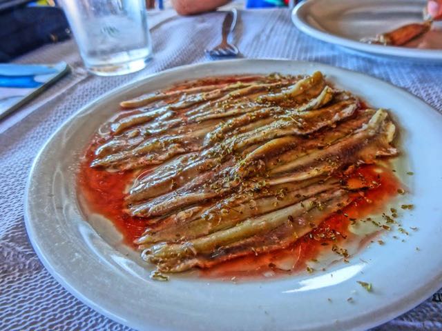 Greek food, gavros marinatos, marinated anchovies