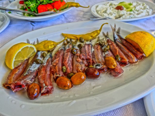 Greek food, mezedes, sardeles pastes