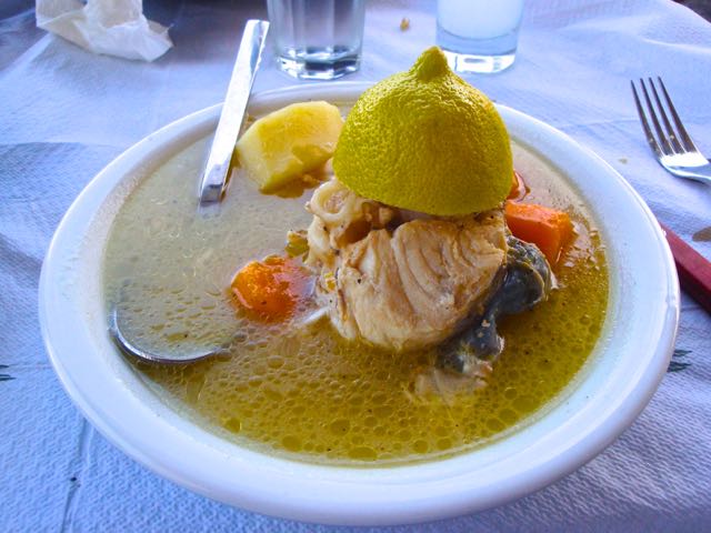 Greek food, psarosoupa, fish soup