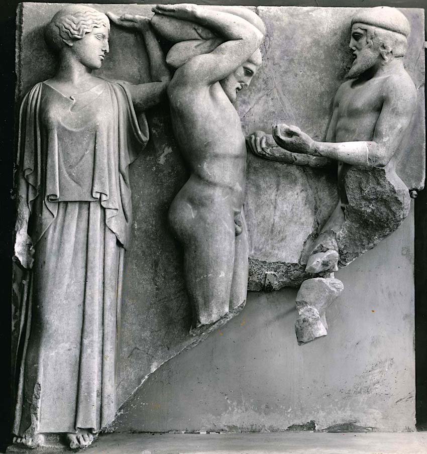Atlas Brings Heracles the Apples of the Hesperides in the Presence of Athena, marble metope from the east end of the Temple of Zeus at Olympia, c. 460 BCE; in the Archaeological Museum, Olympia, Greece.