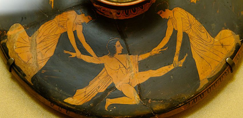 Pentheus torn apart by Agave and Ino. Attic red-figure lekanis (cosmetics bowl) lid, ca. 450-425 BC.