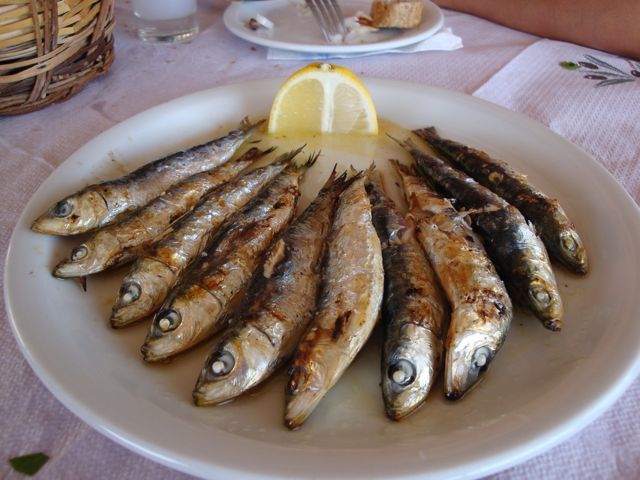 grilled sardines, skala eressos, lesvos