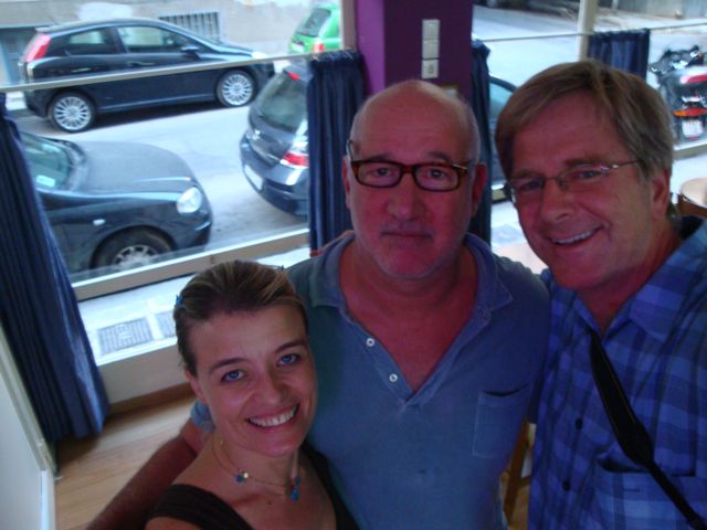 Rena, Matt Barrett and Rick Steves in Kypseli, Athens, Greece